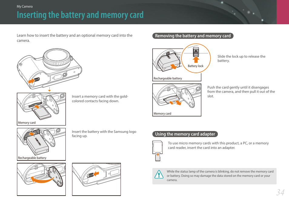 Inserting the battery and memory card, Removing the battery and memory card, Using the memory card adapter | Samsung EV-NX300MBSTUS User Manual | Page 35 / 203