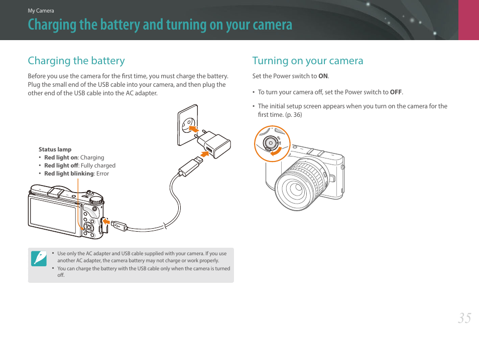 Charging the battery and turning on your camera, Charging the battery, Turning on your camera | Charging the battery turning on your camera | Samsung EV-NX300MBSTUS User Manual | Page 36 / 203