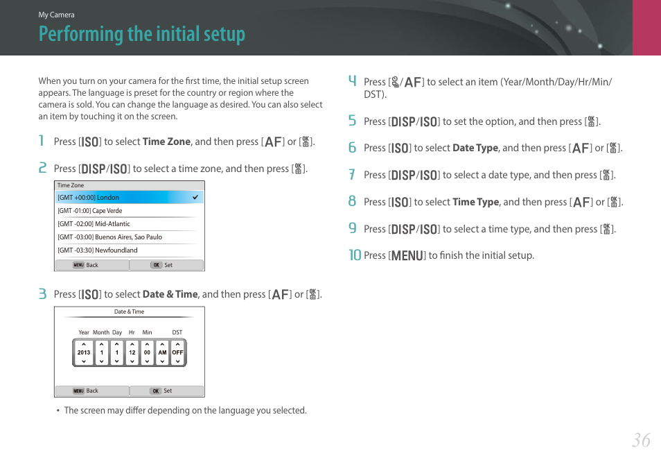 Performing the initial setup | Samsung EV-NX300MBSTUS User Manual | Page 37 / 203
