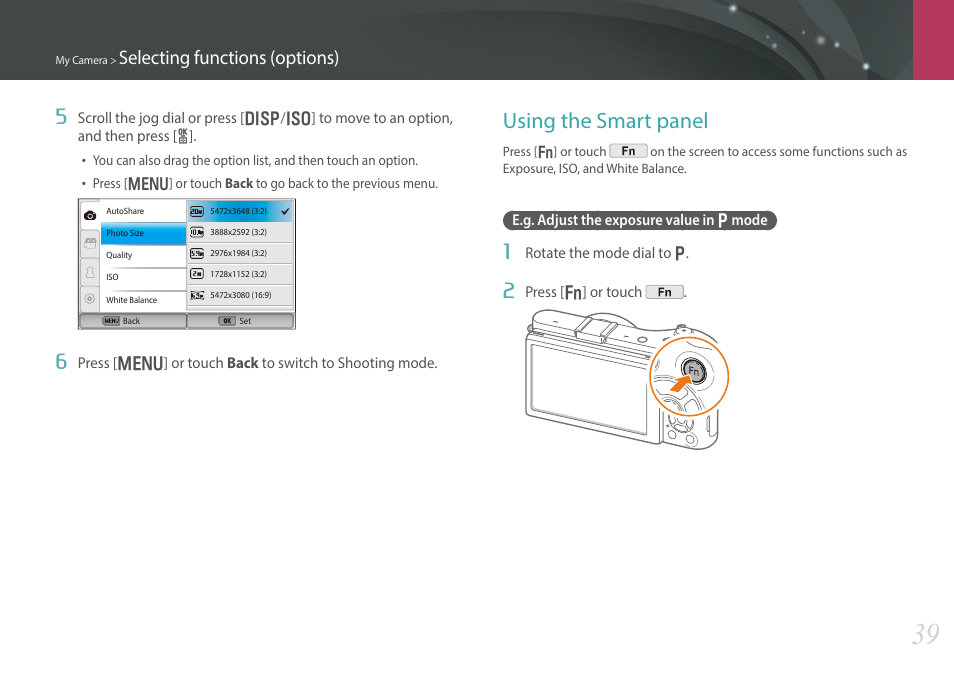 Using the smart panel, E.g. adjust the exposure value in p mode, E.g. adjust the exposure value in | P mode, Selecting functions (options) | Samsung EV-NX300MBSTUS User Manual | Page 40 / 203