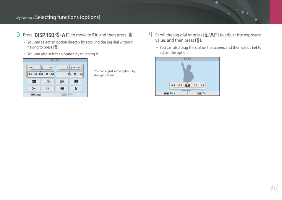 Selecting functions (options) | Samsung EV-NX300MBSTUS User Manual | Page 41 / 203