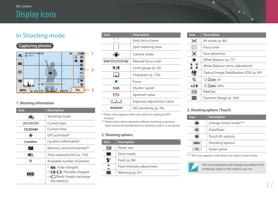 Display icons, In shooting mode, Capturing photos | Samsung EV-NX300MBSTUS User Manual | Page 42 / 203