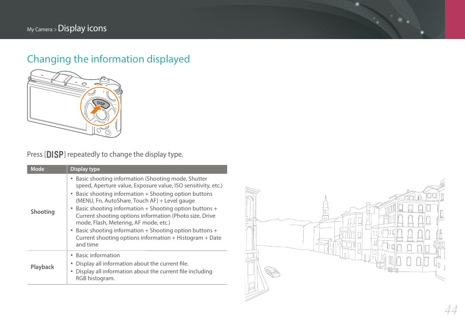 Changing the information displayed, Display icons | Samsung EV-NX300MBSTUS User Manual | Page 45 / 203