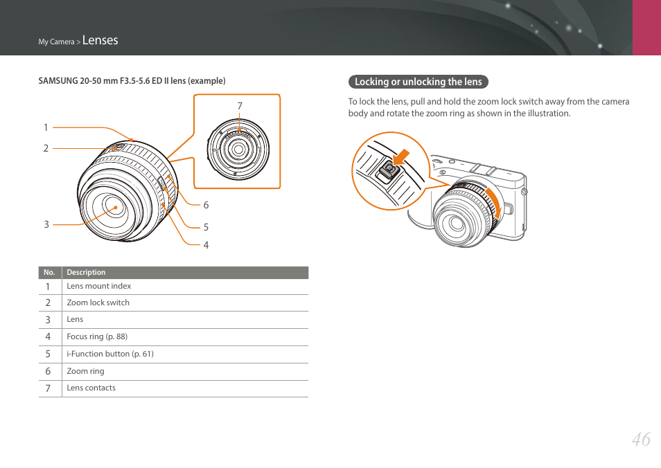 Locking or unlocking the lens, Lenses | Samsung EV-NX300MBSTUS User Manual | Page 47 / 203