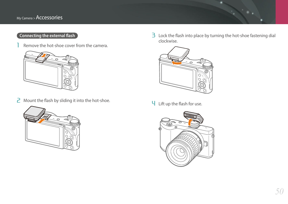 Connecting the external flash | Samsung EV-NX300MBSTUS User Manual | Page 51 / 203