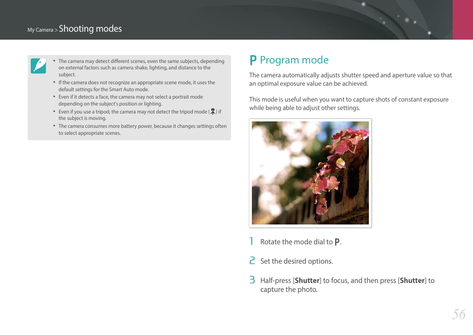Program mode, P program mode, Shooting modes | Samsung EV-NX300MBSTUS User Manual | Page 57 / 203