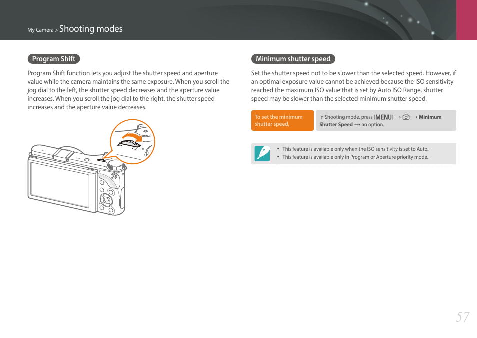 Program shift, Minimum shutter speed, Program shift minimum shutter speed | Shooting modes | Samsung EV-NX300MBSTUS User Manual | Page 58 / 203