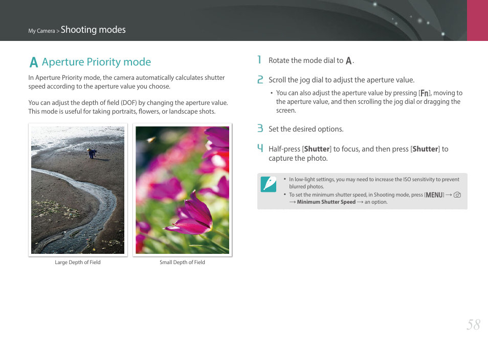 Aperture priority mode, A aperture priority mode, Shooting modes | Samsung EV-NX300MBSTUS User Manual | Page 59 / 203