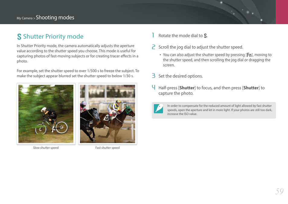 Shutter priority mode, S shutter priority mode | Samsung EV-NX300MBSTUS User Manual | Page 60 / 203
