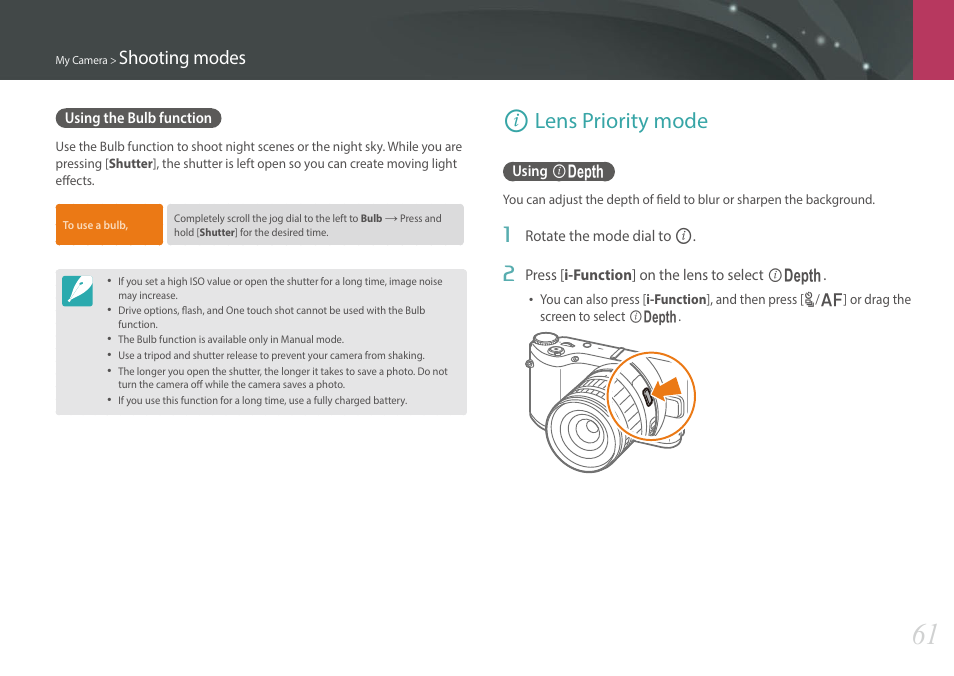 Using the bulb function, Lens priority mode, Using i depth | I lens priority mode, Using, Shooting modes | Samsung EV-NX300MBSTUS User Manual | Page 62 / 203