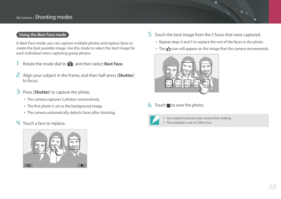 Using the best face mode, Shooting modes | Samsung EV-NX300MBSTUS User Manual | Page 67 / 203