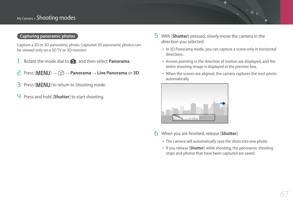 Capturing panoramic photos, Shooting modes | Samsung EV-NX300MBSTUS User Manual | Page 68 / 203