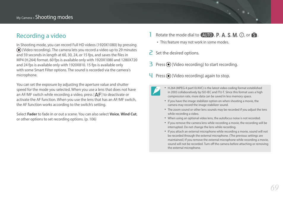 Recording a video, Shooting modes | Samsung EV-NX300MBSTUS User Manual | Page 70 / 203