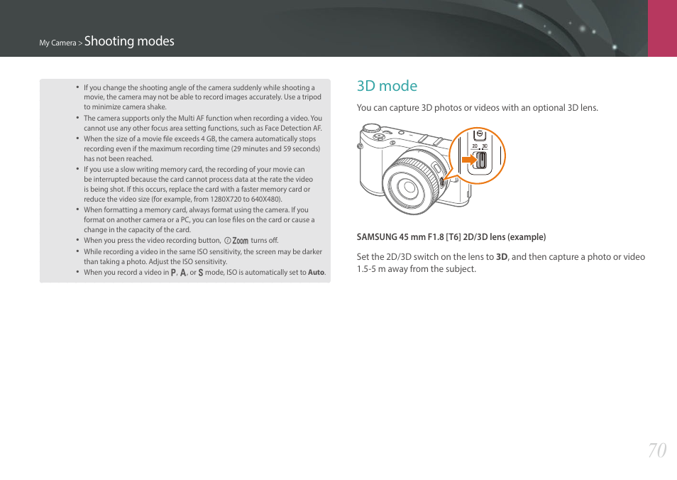 3d mode, Shooting modes | Samsung EV-NX300MBSTUS User Manual | Page 71 / 203