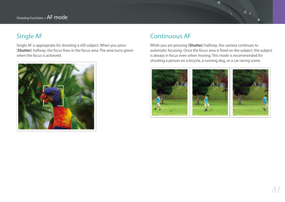 Single af, Continuous af, Single af continuous af | Samsung EV-NX300MBSTUS User Manual | Page 82 / 203