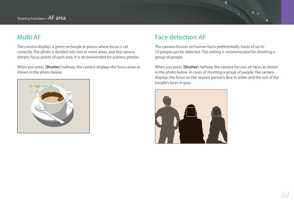 Multi af, Face detection af, Multi af face detection af | Samsung EV-NX300MBSTUS User Manual | Page 85 / 203