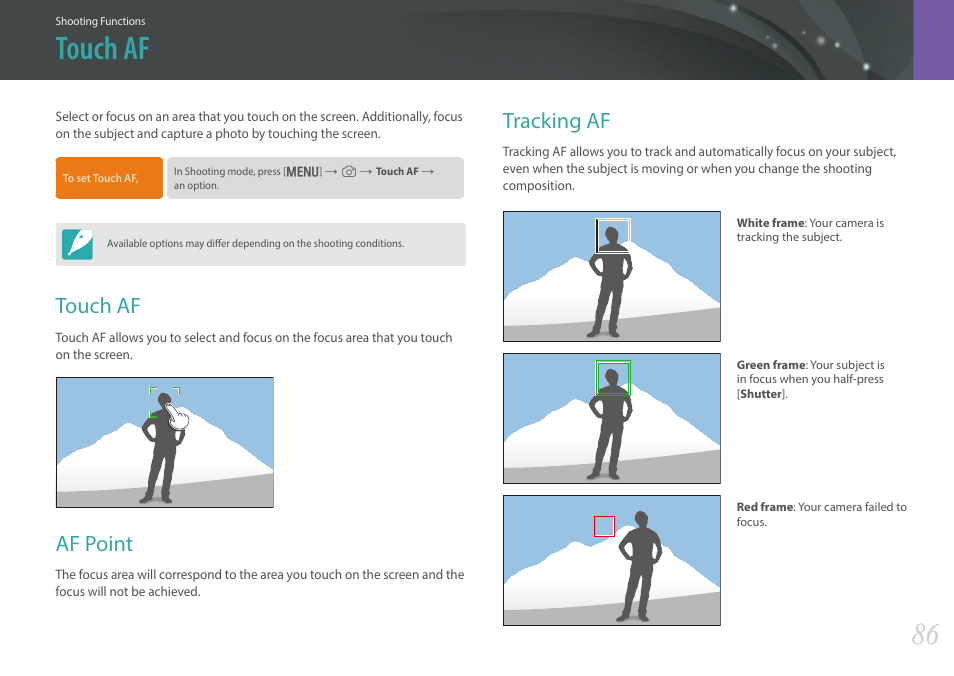 Touch af, Af point, Tracking af | Touch af af point tracking af | Samsung EV-NX300MBSTUS User Manual | Page 87 / 203