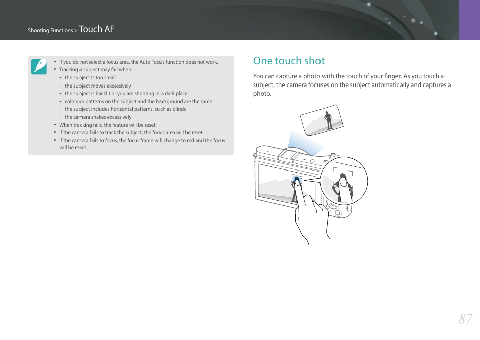 One touch shot, Touch af | Samsung EV-NX300MBSTUS User Manual | Page 88 / 203