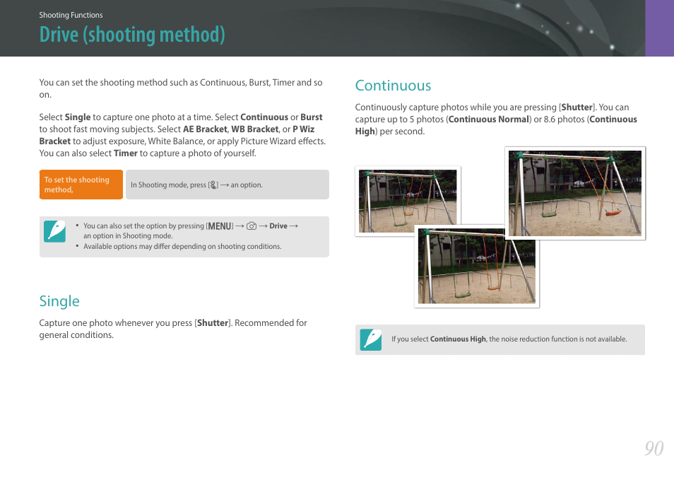 Drive (shooting method), Single, Continuous | Single continuous | Samsung EV-NX300MBSTUS User Manual | Page 91 / 203