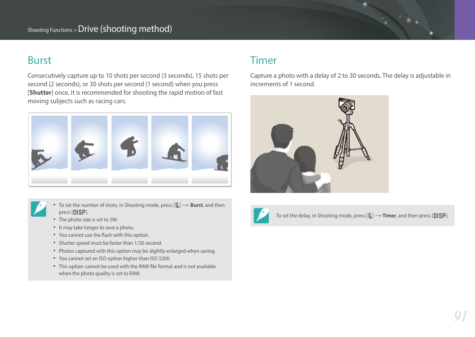 Burst, Timer, Burst timer | Drive (shooting method) | Samsung EV-NX300MBSTUS User Manual | Page 92 / 203