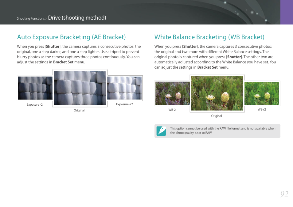 Auto exposure bracketing (ae bracket), White balance bracketing (wb bracket), Drive (shooting method) | Samsung EV-NX300MBSTUS User Manual | Page 93 / 203