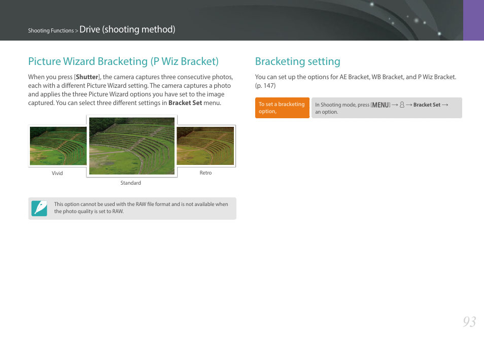Picture wizard bracketing (p wiz bracket), Bracketing setting, Drive (shooting method) | Samsung EV-NX300MBSTUS User Manual | Page 94 / 203