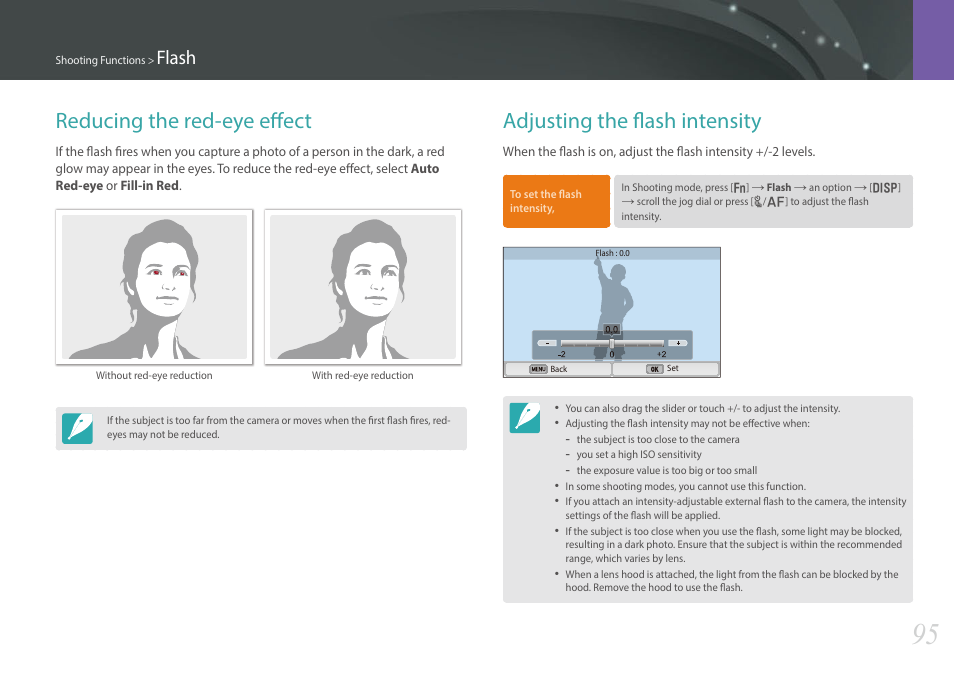 Reducing the red-eye effect, Adjusting the flash intensity, Flash | Samsung EV-NX300MBSTUS User Manual | Page 96 / 203