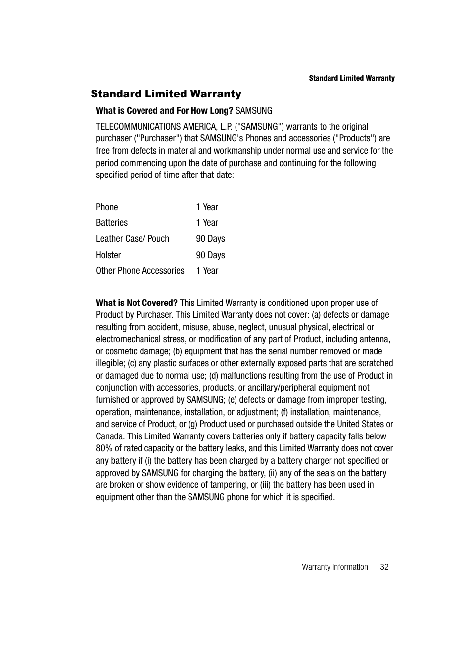 Standard limited warranty | Samsung SGH-T329NSBTMB User Manual | Page 136 / 143