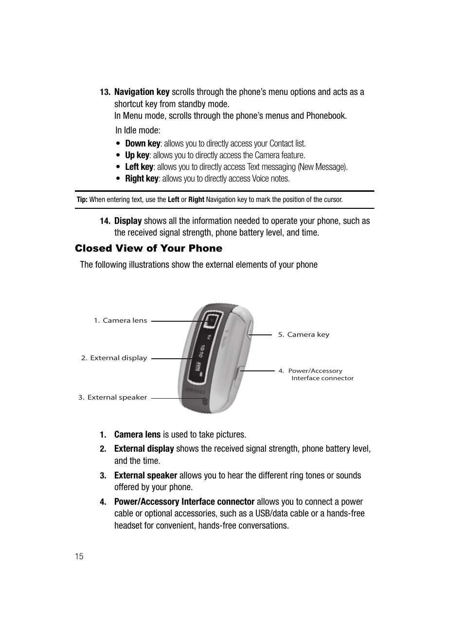 Closed view of your phone | Samsung SGH-T329NSBTMB User Manual | Page 18 / 143