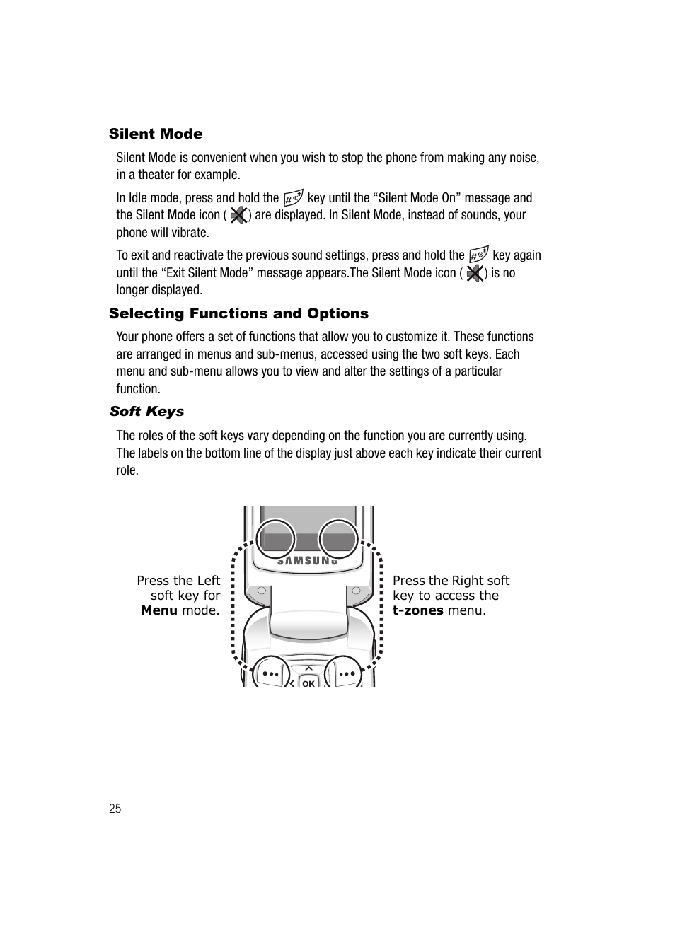 Silent mode selecting functions and options, Silent mode, Selecting functions and options | Samsung SGH-T329NSBTMB User Manual | Page 28 / 143