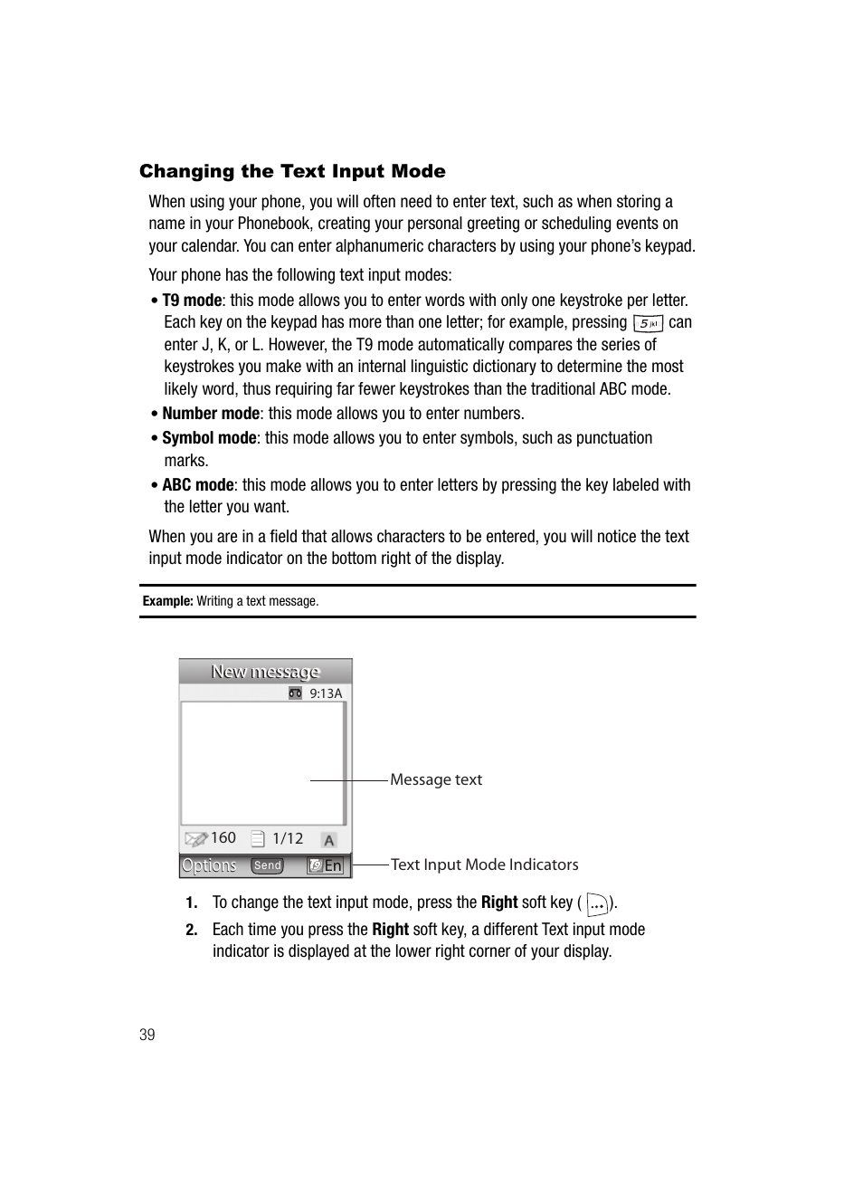 Changing the text input mode | Samsung SGH-T329NSBTMB User Manual | Page 42 / 143