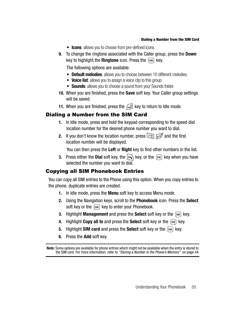 Dialing a number from the sim card, Copying all sim phonebook entries | Samsung SGH-T329NSBTMB User Manual | Page 53 / 143