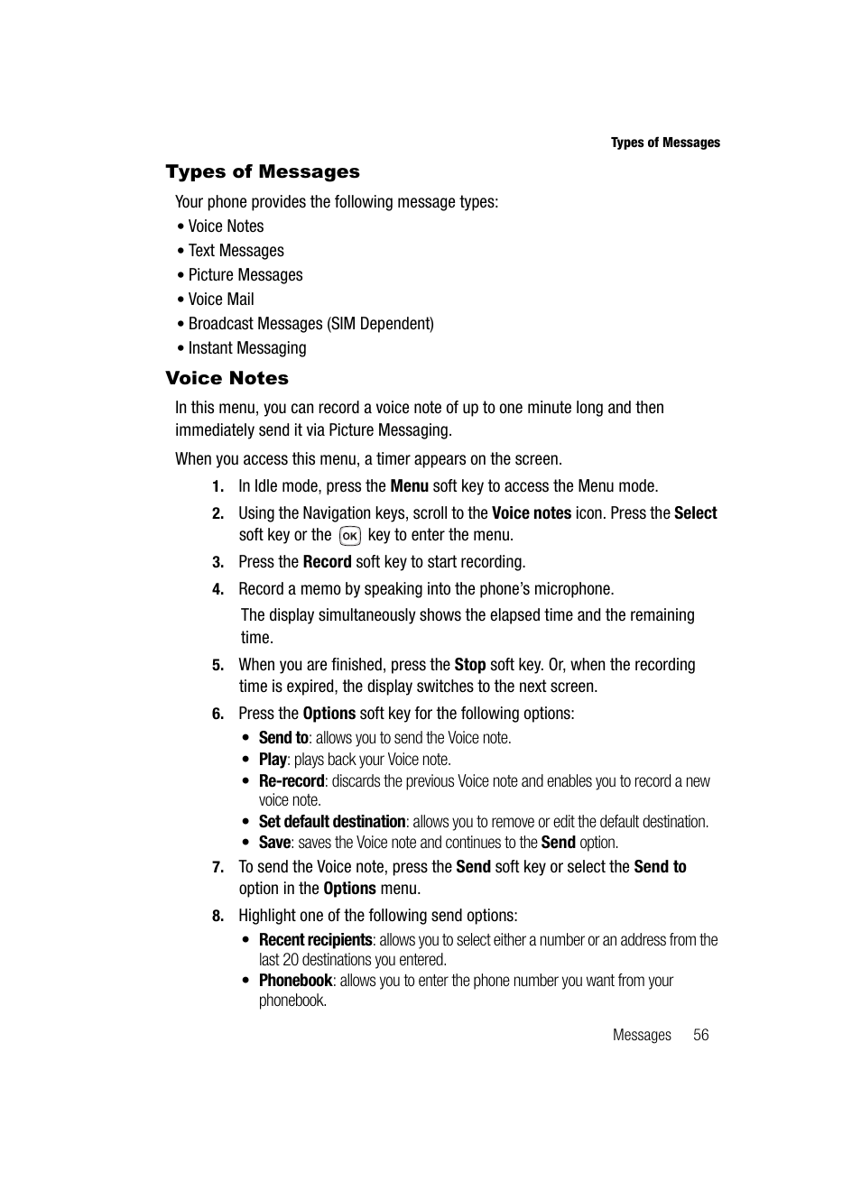 Types of messages voice notes, Types of messages, Voice notes | Samsung SGH-T329NSBTMB User Manual | Page 59 / 143