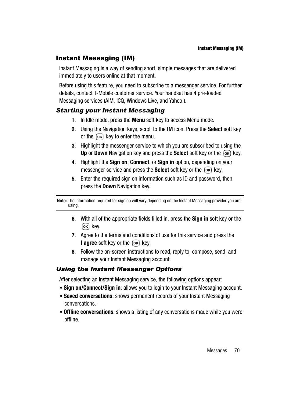 Instant messaging (im) | Samsung SGH-T329NSBTMB User Manual | Page 73 / 143