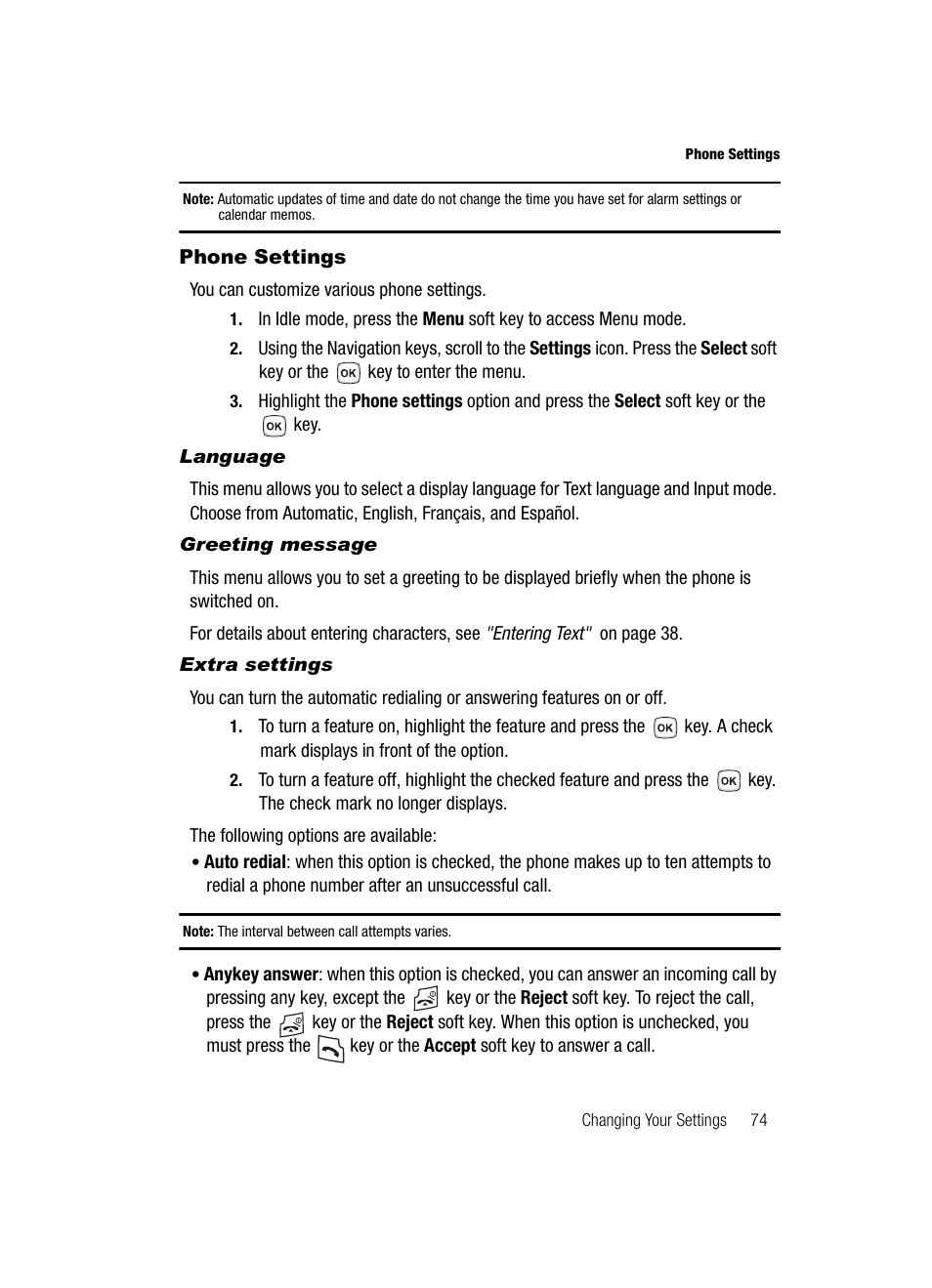 Phone settings | Samsung SGH-T329NSBTMB User Manual | Page 77 / 143