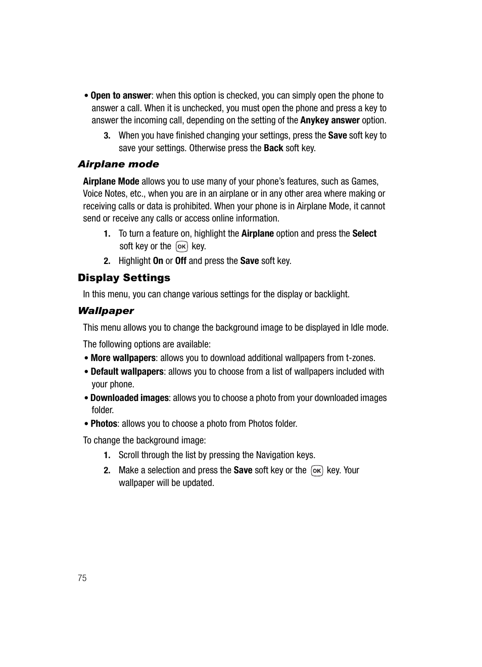 Display settings | Samsung SGH-T329NSBTMB User Manual | Page 78 / 143