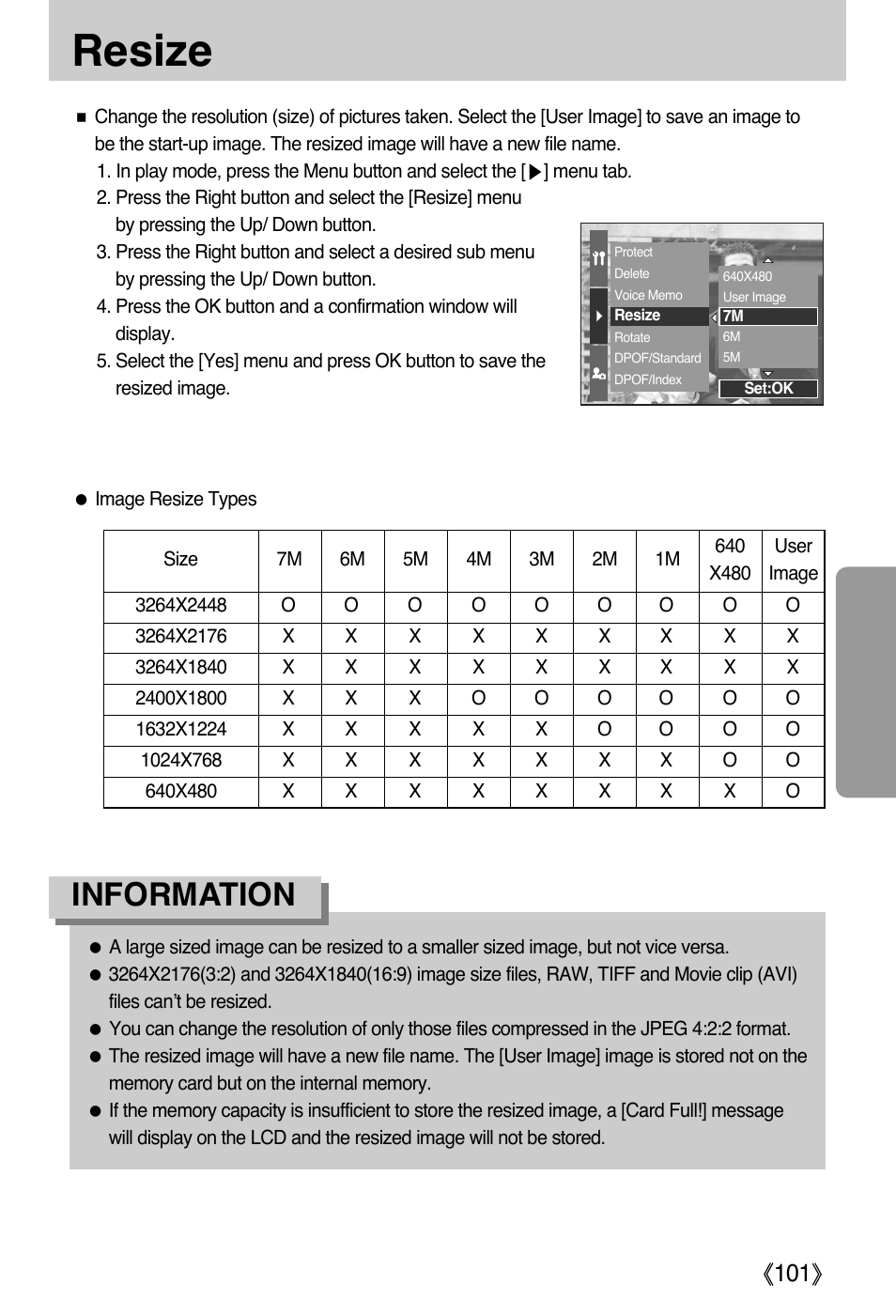 Resize, Information, Ŝ101ş | Samsung EC-PR815BBA-US User Manual | Page 101 / 164