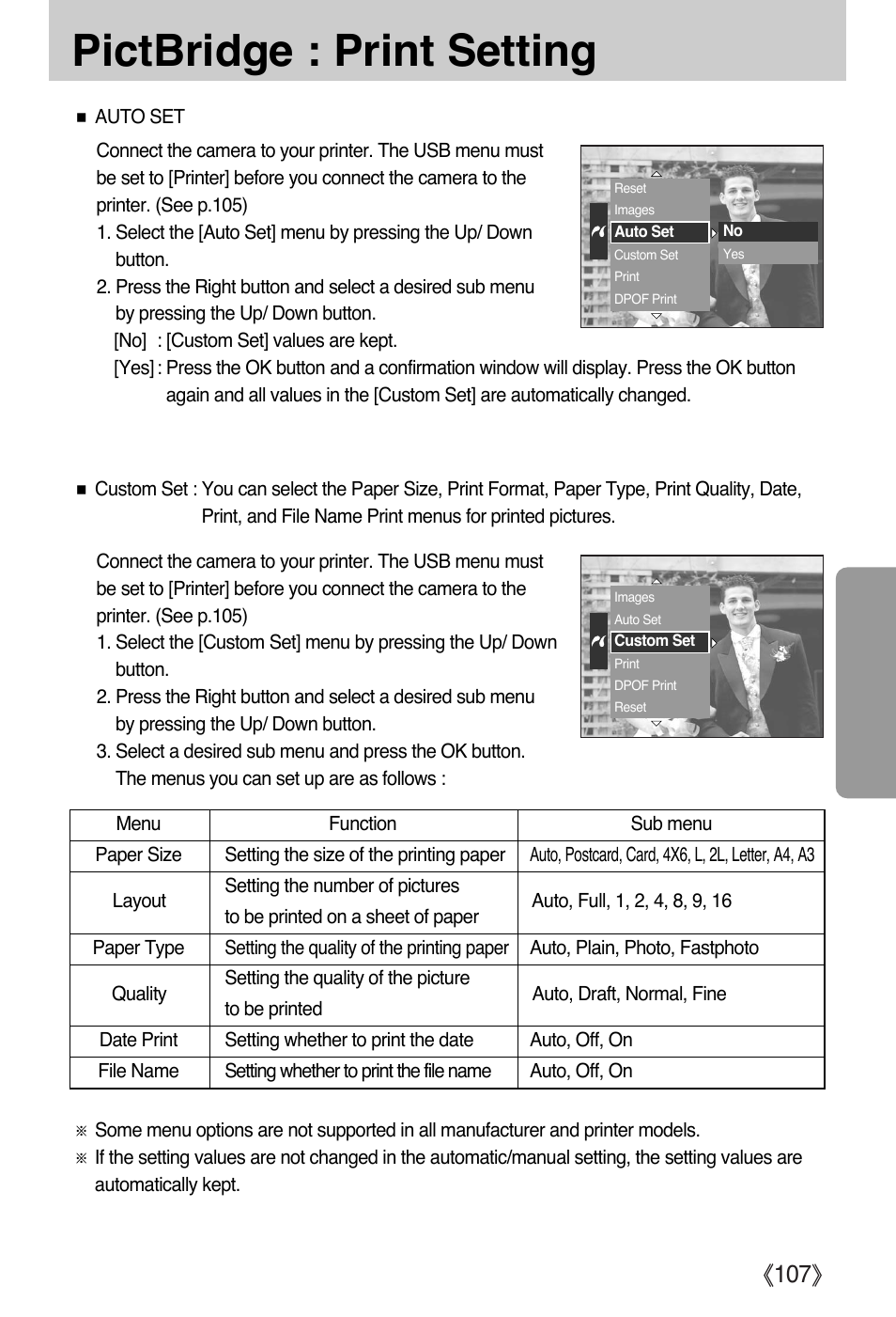Pictbridge : print setting, Ŝ107ş | Samsung EC-PR815BBA-US User Manual | Page 107 / 164