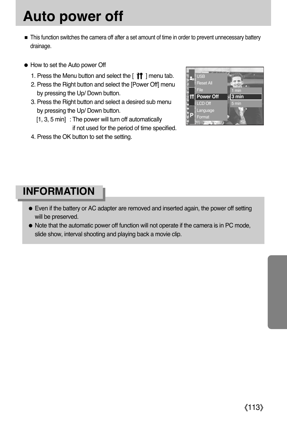 Auto power off, Information, Ŝ113ş | Samsung EC-PR815BBA-US User Manual | Page 113 / 164