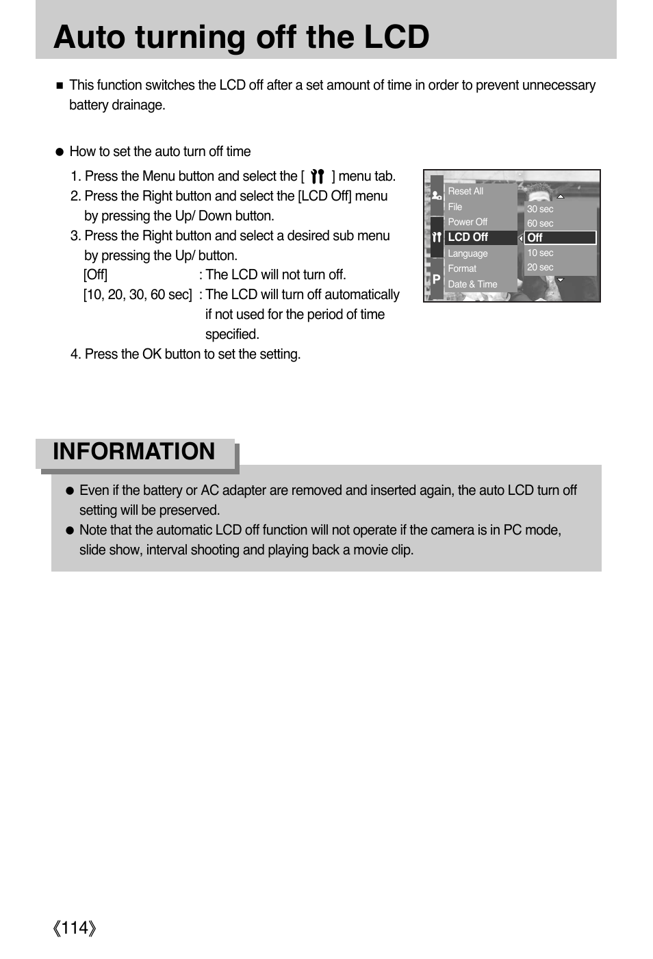 Auto turning off the lcd, Information, Ŝ114ş | Samsung EC-PR815BBA-US User Manual | Page 114 / 164