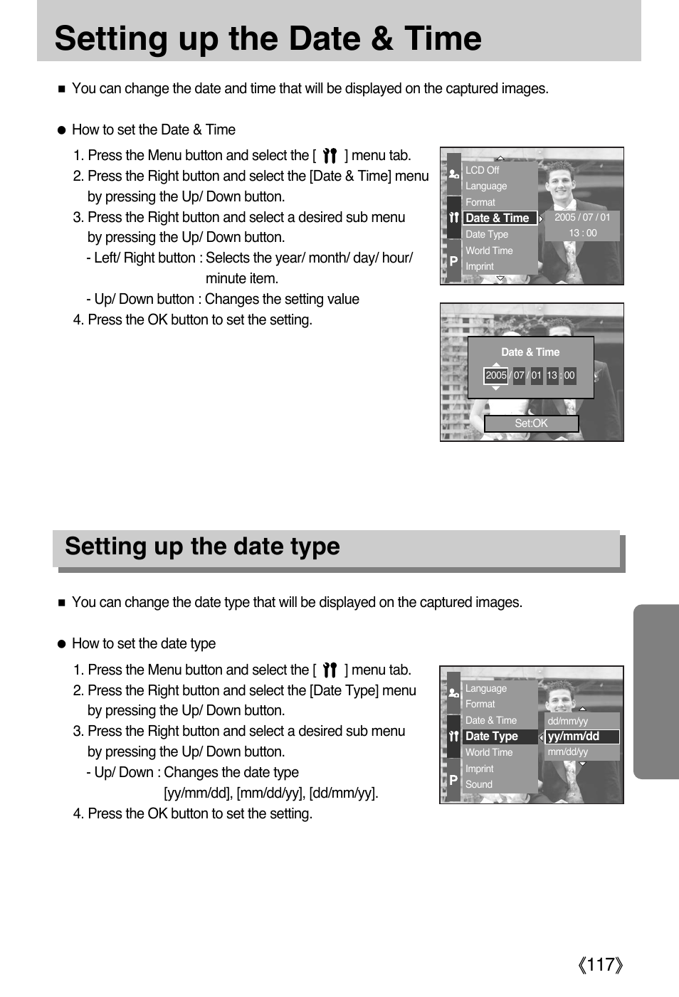 Setting up the date & time, Setting up the date type, Ŝ117ş | Samsung EC-PR815BBA-US User Manual | Page 117 / 164