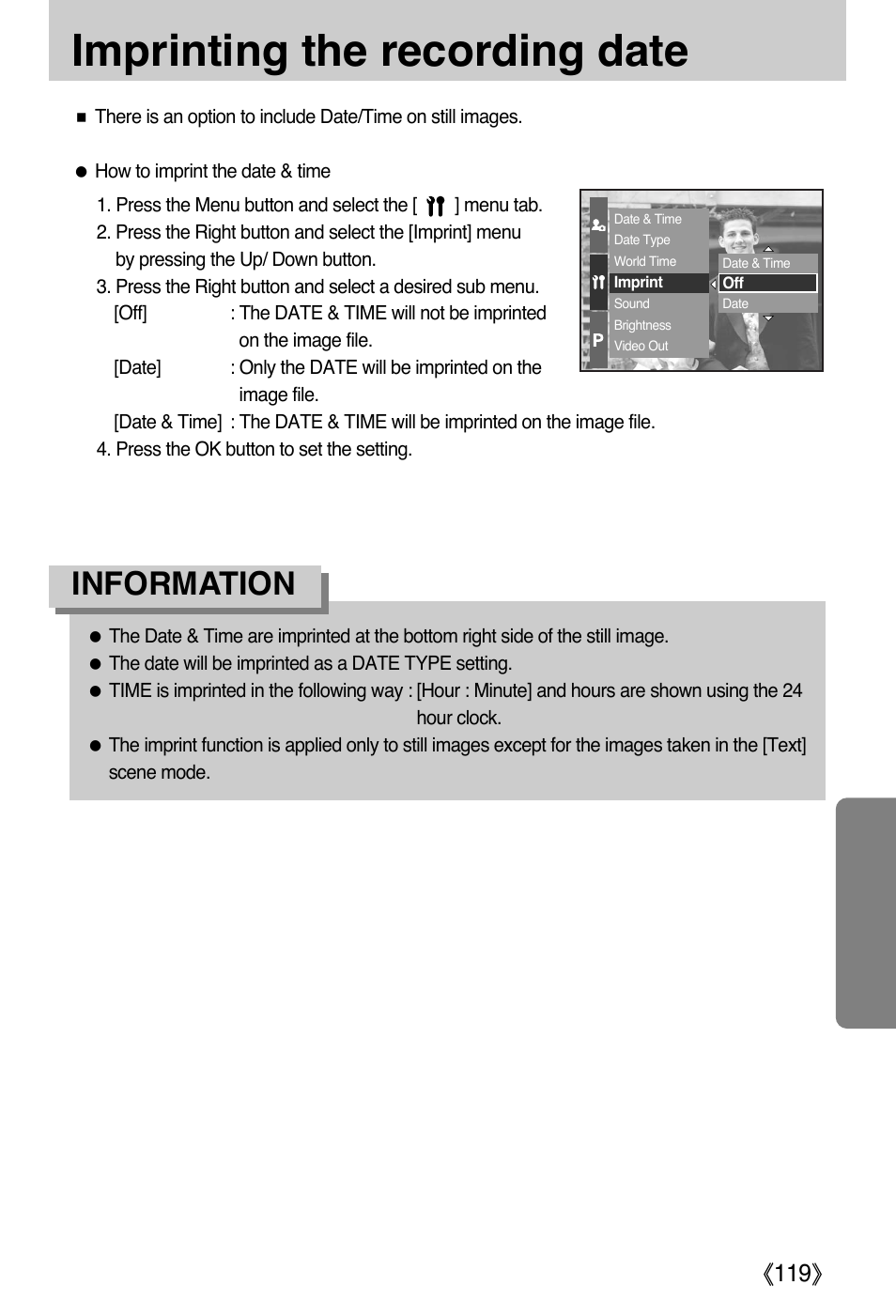 Imprinting the recording date, Information, Ŝ119ş | Samsung EC-PR815BBA-US User Manual | Page 119 / 164