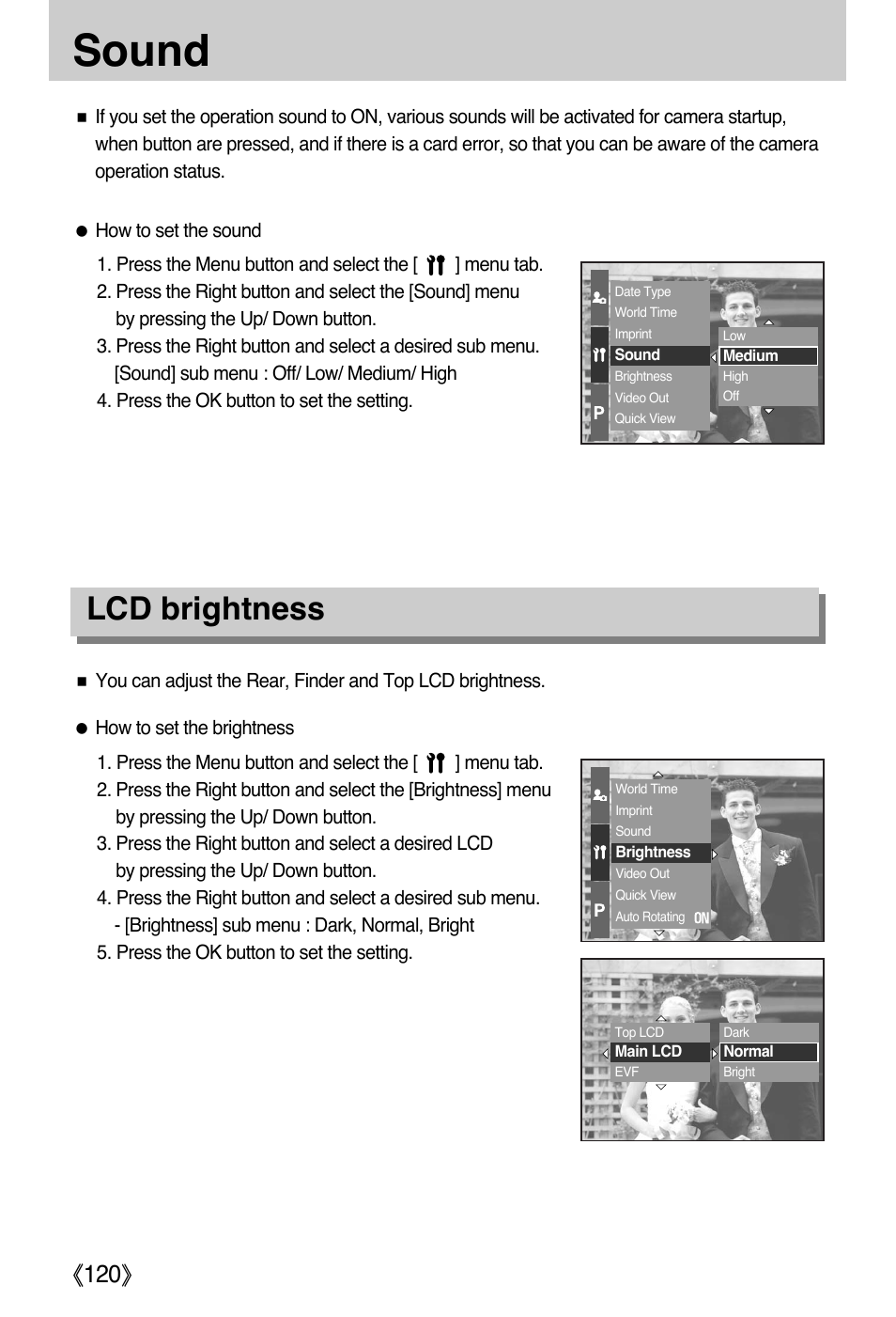 Sound, Lcd brightness, Ŝ120ş | Samsung EC-PR815BBA-US User Manual | Page 120 / 164