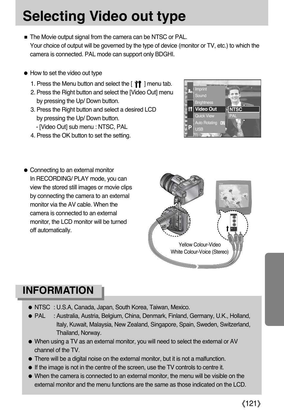 Selecting video out type, Information, Ŝ121ş | Samsung EC-PR815BBA-US User Manual | Page 121 / 164