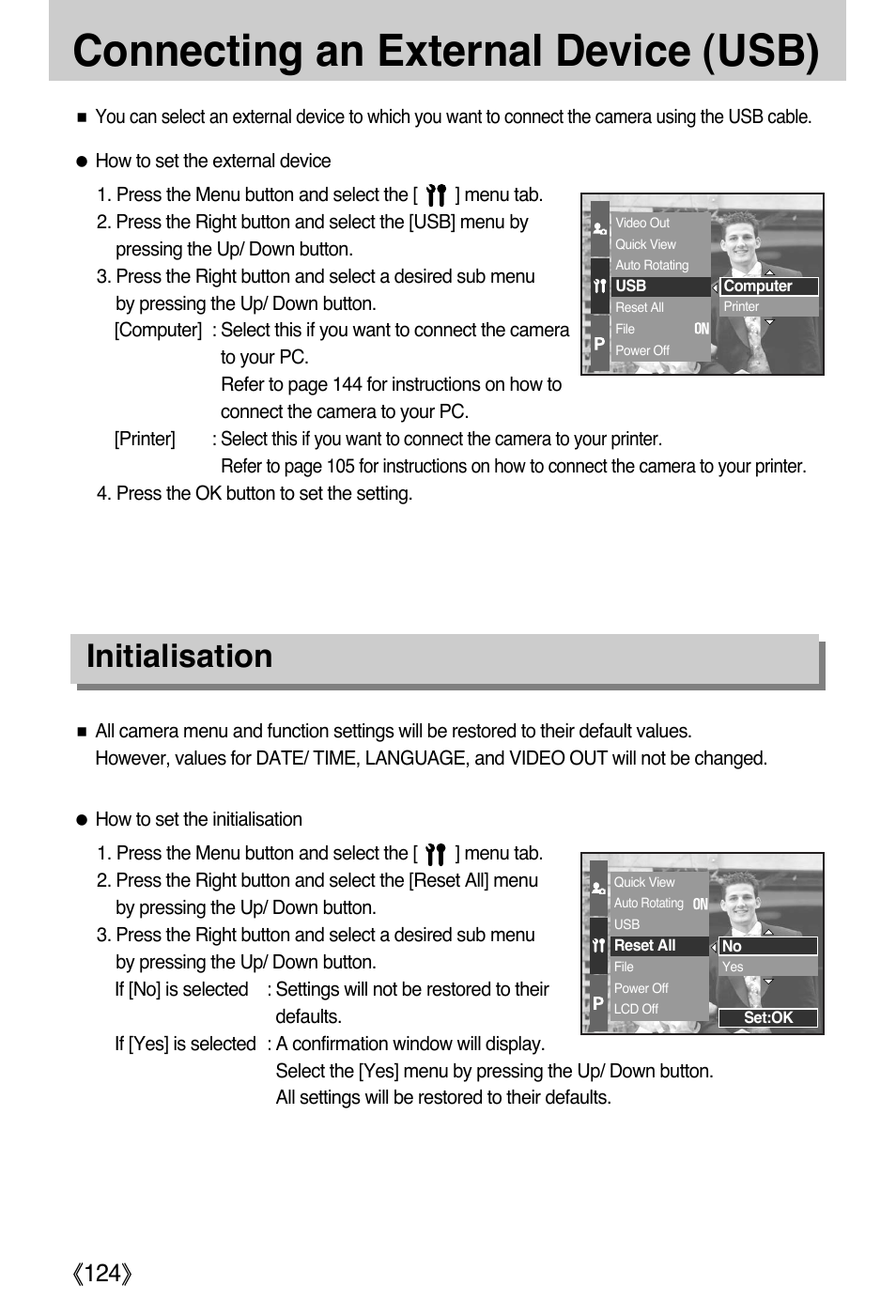 Connecting an external device (usb), Initialisation, Ŝ124ş | Samsung EC-PR815BBA-US User Manual | Page 124 / 164