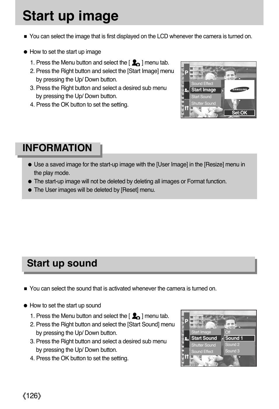 Start up image, Information, Start up sound | Ŝ126ş | Samsung EC-PR815BBA-US User Manual | Page 126 / 164