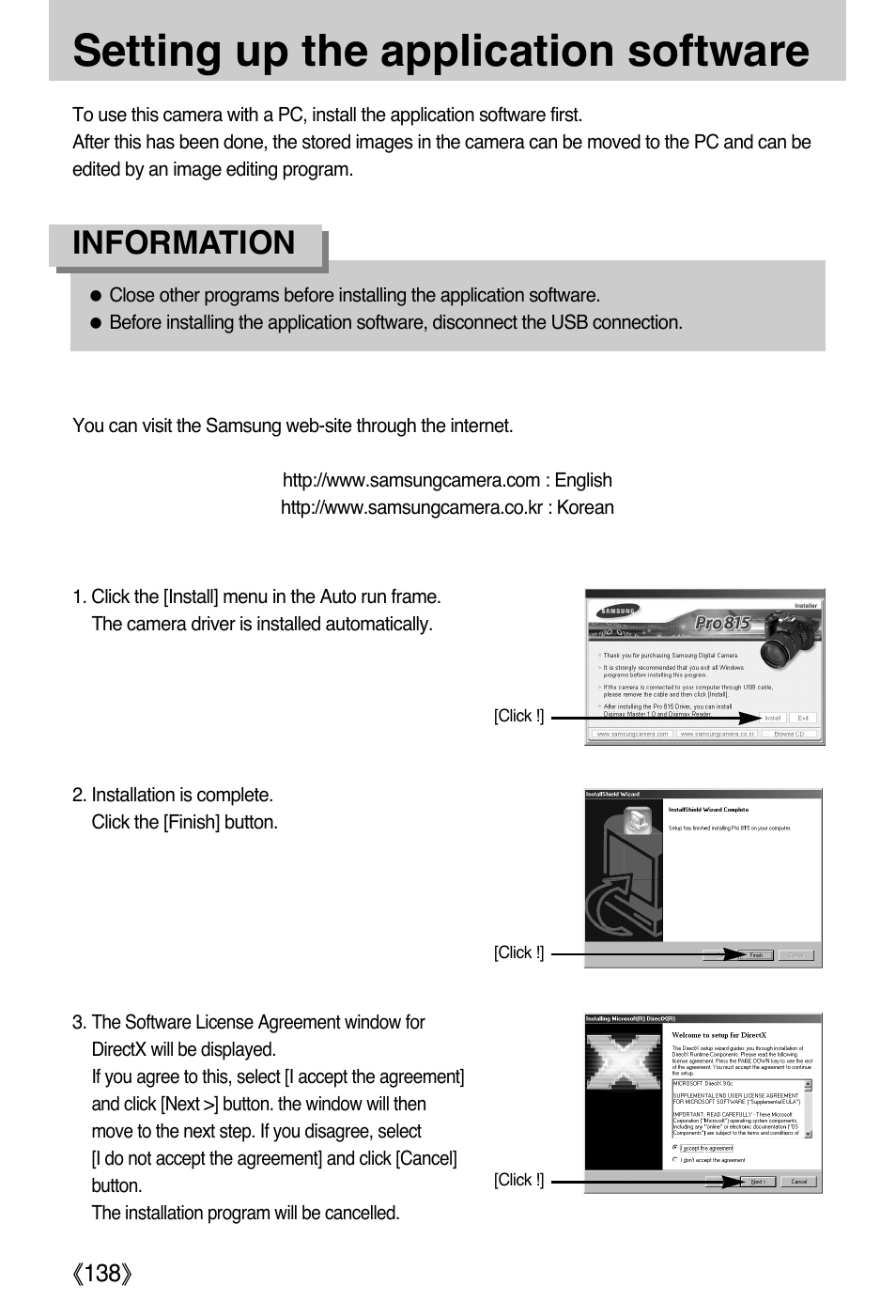 Setting up the application software, Information | Samsung EC-PR815BBA-US User Manual | Page 138 / 164