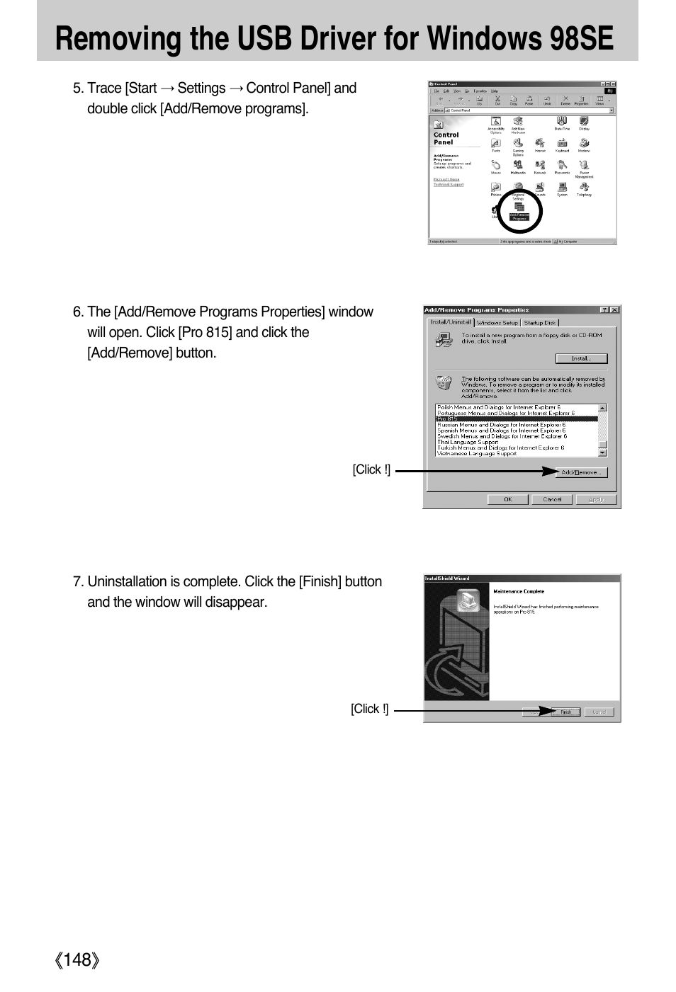 Removing the usb driver for windows 98se | Samsung EC-PR815BBA-US User Manual | Page 148 / 164