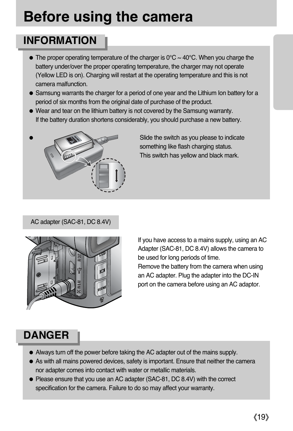 Before using the camera, Danger, Information | Samsung EC-PR815BBA-US User Manual | Page 19 / 164