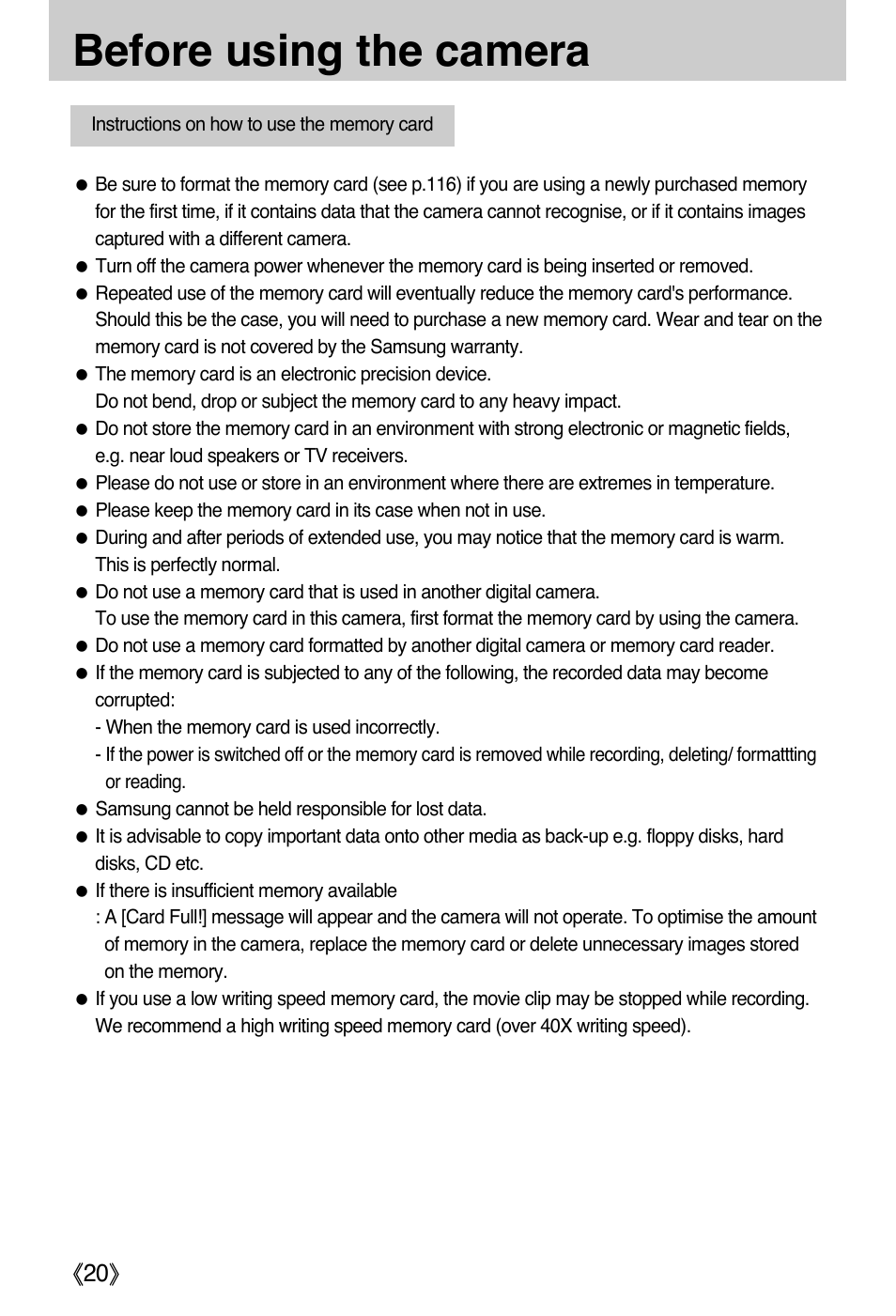 Before using the camera, Ŝ20ş | Samsung EC-PR815BBA-US User Manual | Page 20 / 164